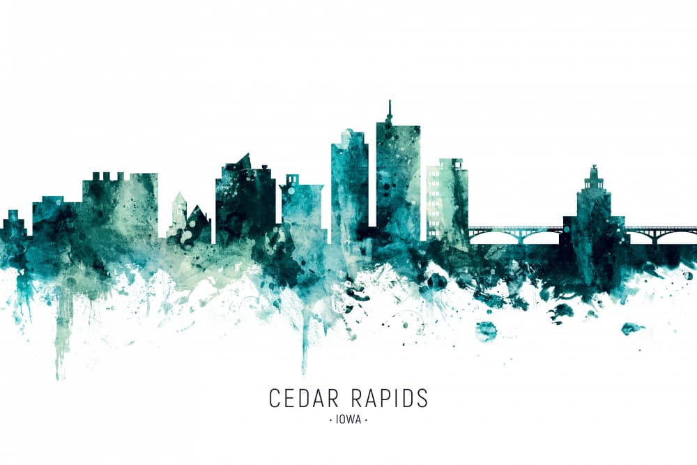 Cedar Rapids Skyline Watercolor by Michael Tompsett — canvas wall art
