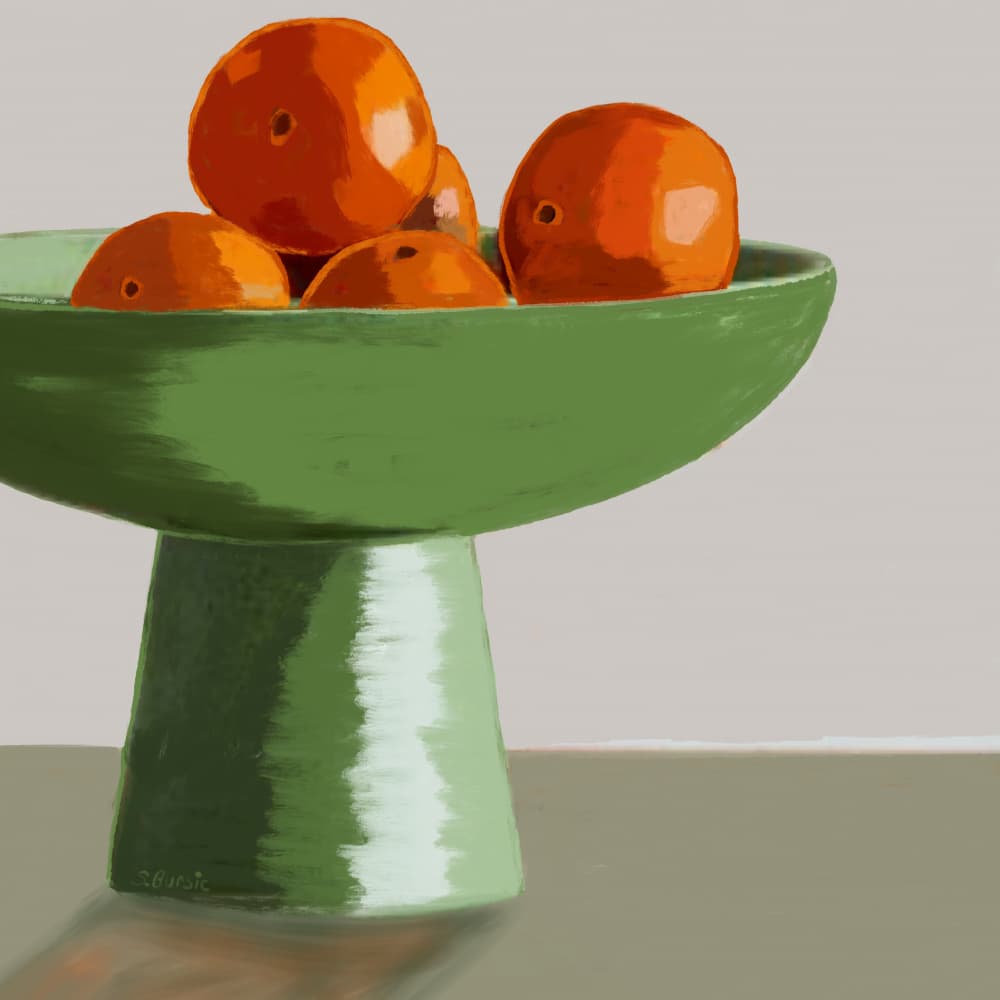 Green Bowl Oranges by Sharyn Bursic — canvas wall art