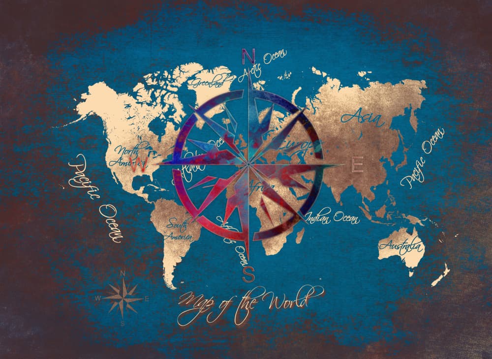 Vintage World Map Compass by Justyna Jaszke — canvas wall art