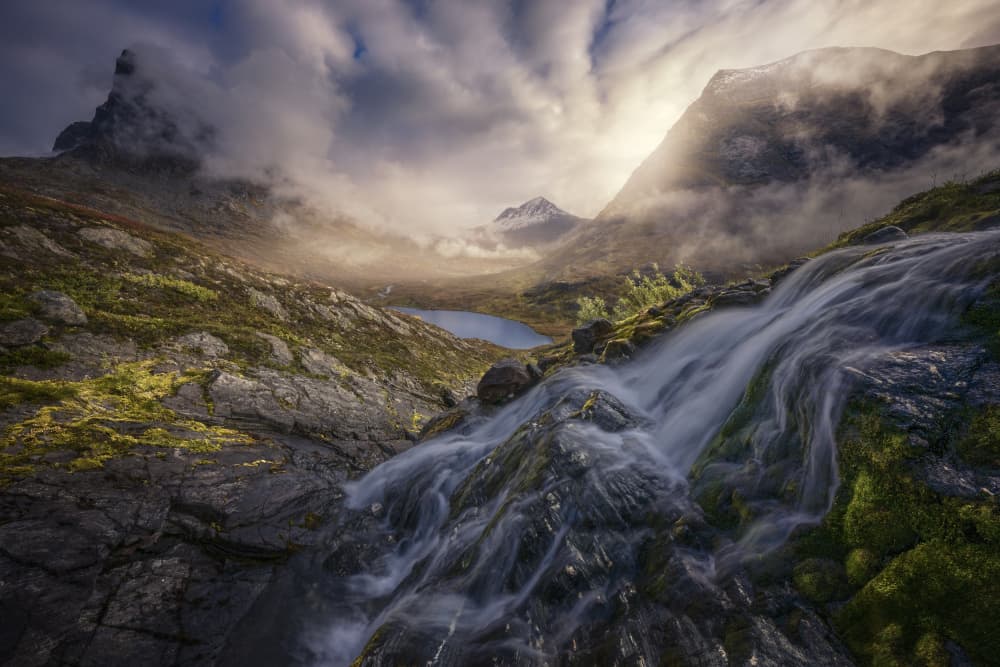 Sunlit Mountain Waterfall by Nina Pauli — canvas wall art