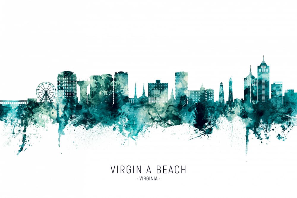 Virginia Beach Watercolor Skyline by Michael Tompsett — canvas wall art
