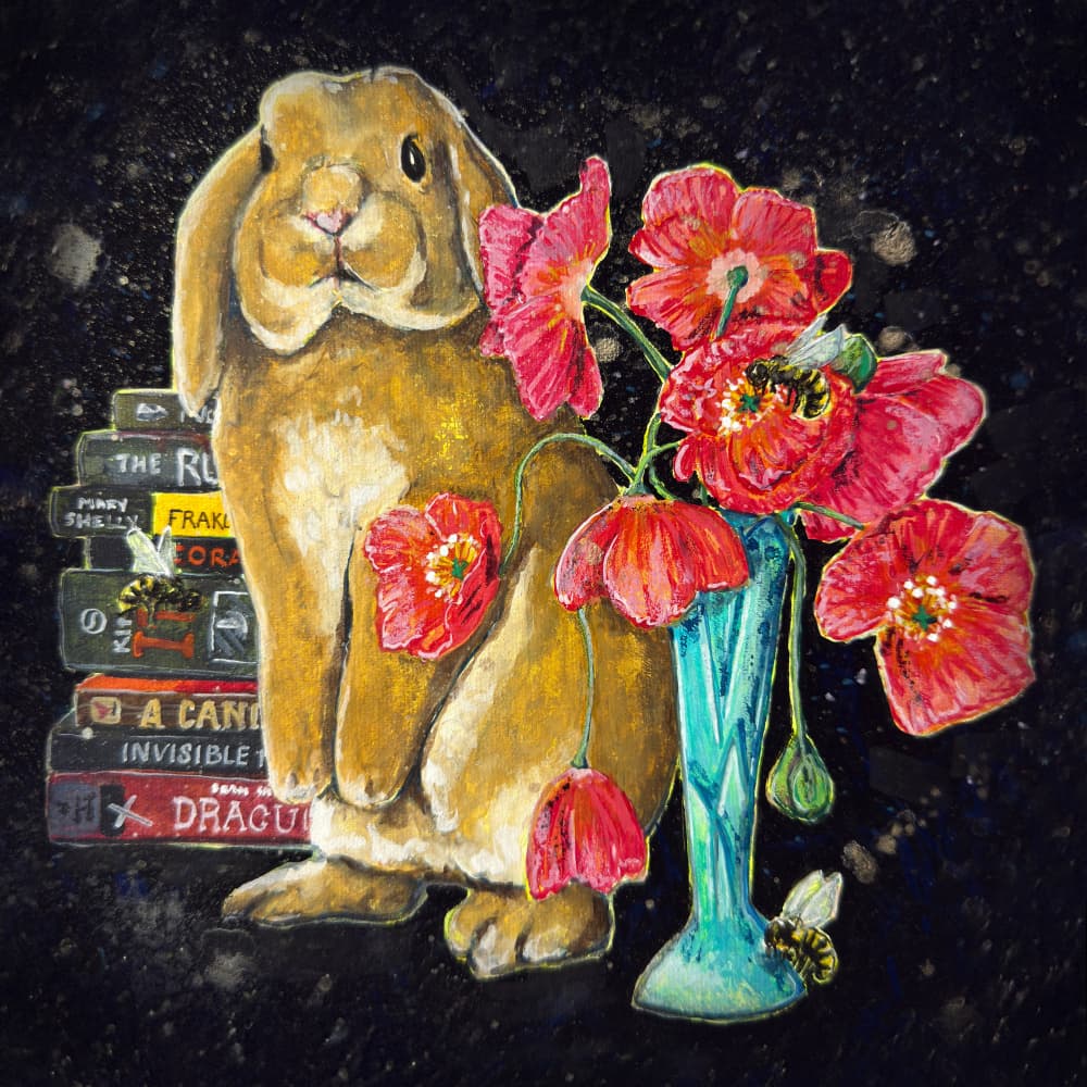 Whimsical Rabbit Poppies Books by Renee Machan Cottagecore Artist — canvas wall art