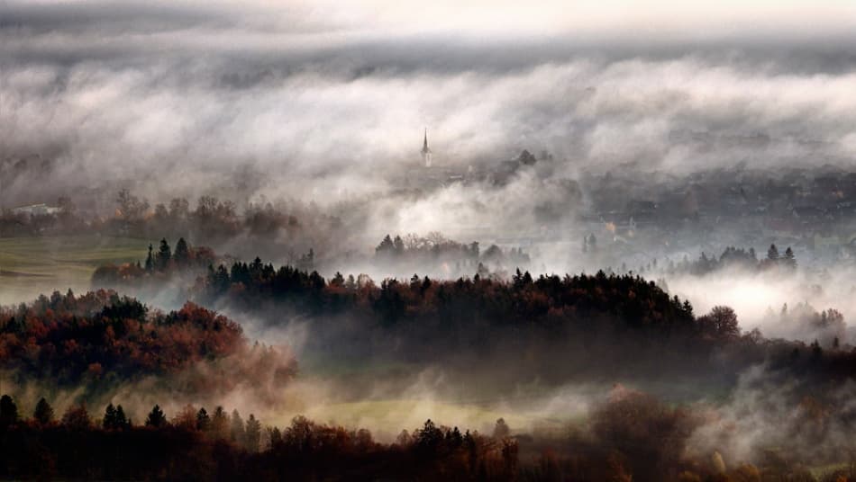 Misty Valley Church by Izidor Gasperlin — canvas wall art
