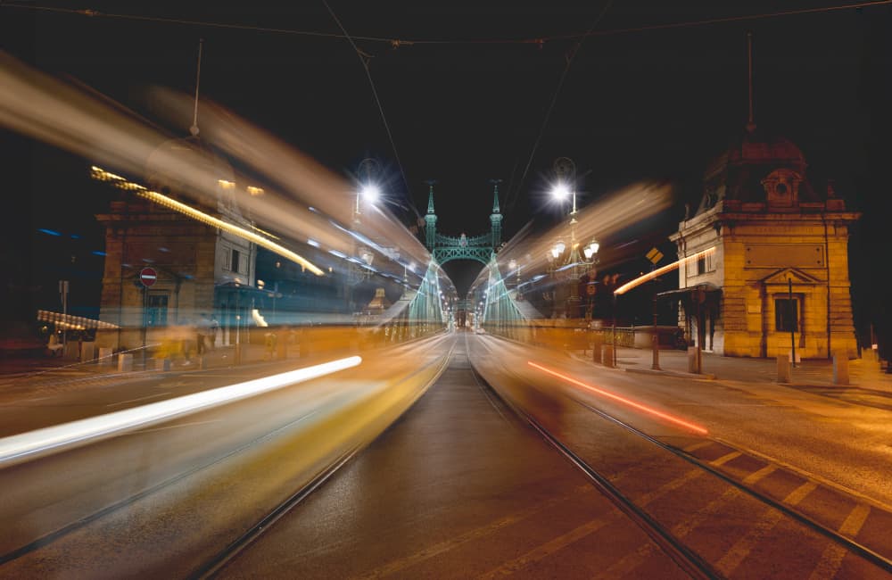Budapest Bridge Night Trails by Larry Deng APA — canvas wall art