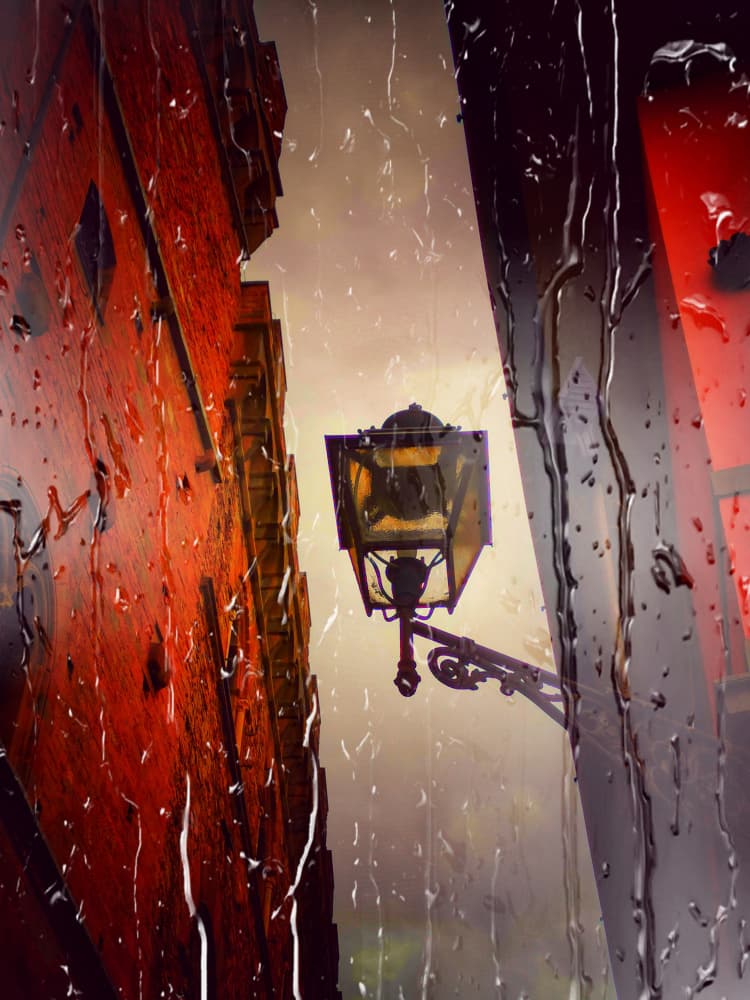Rainy City Street Lamp by Jasmine Zhang — canvas wall art