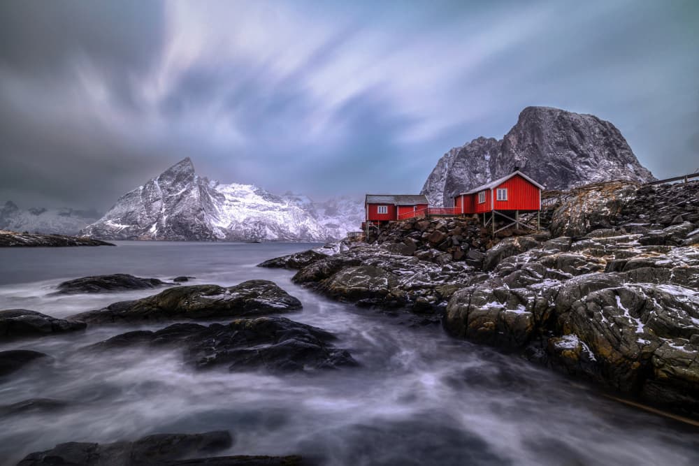 Winter Coastal Red Cabins by Jie Jin — canvas wall art