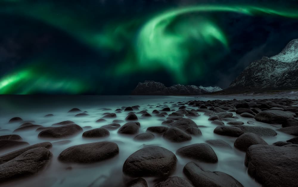 Northern Lights Rocky Shore by Javier de la Torre — canvas wall art