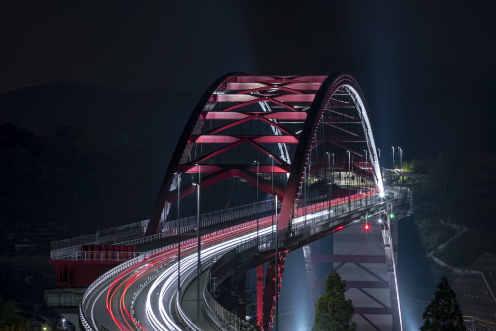 Red Arch Night Bridge by Tomoshi Hara — canvas wall art