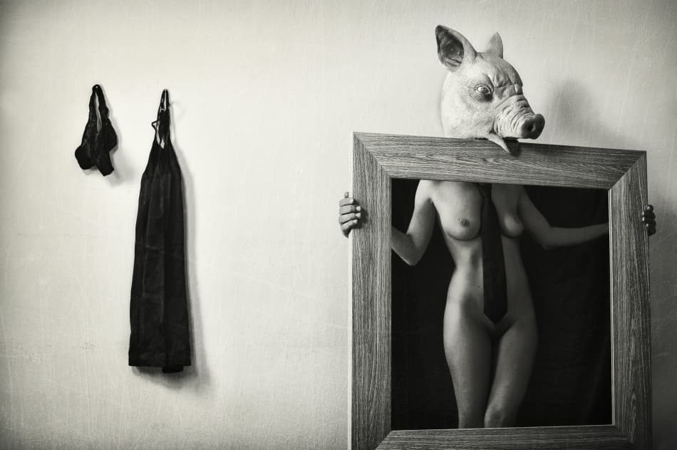 Surreal Pig Masked Nude by Stefano Miserini — canvas wall art