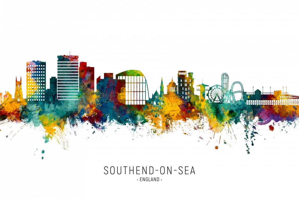 Southend-on-Sea Watercolor Skyline by Michael Tompsett — canvas wall art