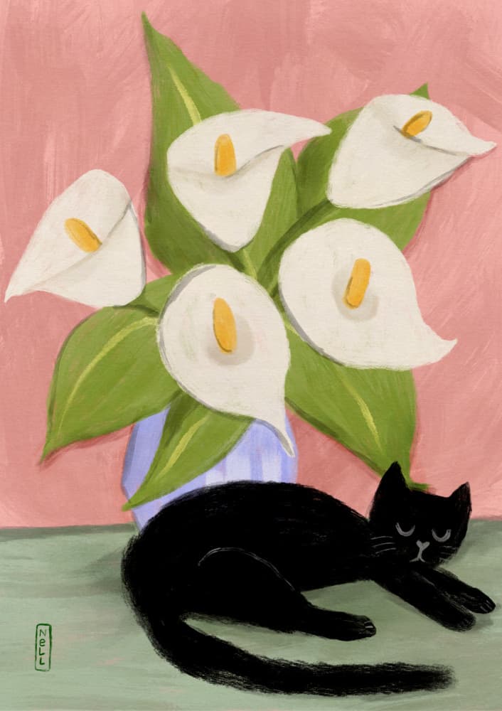 Lilies In a Vase and a Black Cat - Still Life Illustration by Dirkie Nell — canvas wall art
