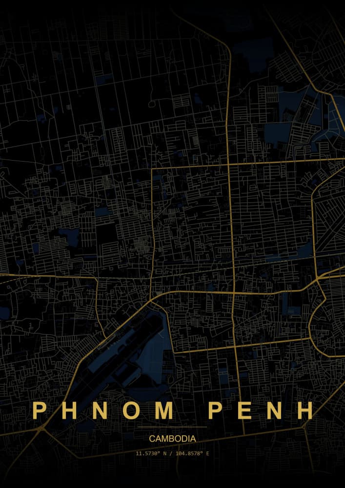 Golden Phnom Penh Map by HUGO — canvas wall art