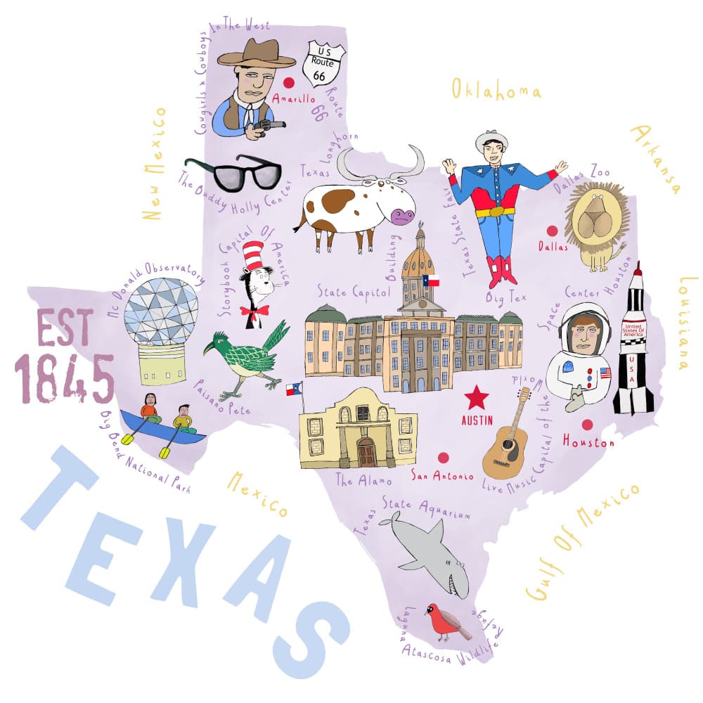Whimsical Texas Map by Carla Daly — canvas wall art
