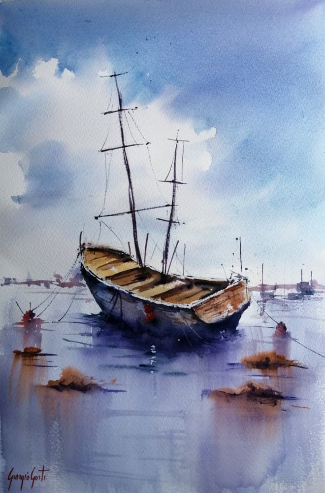 Old Boat Calm Water by Giorgio Gosti — canvas wall art