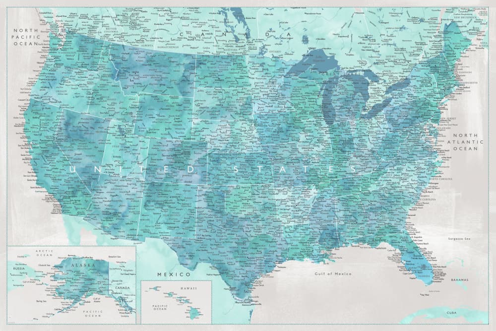 Teal Watercolor USA Map by Rosana Laiz Blursbyai — canvas wall art