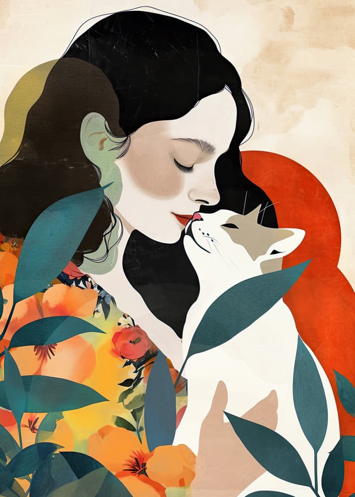 Woman Cat Embrace by Justyna Jaszke — canvas wall art