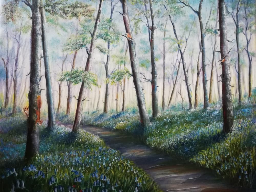 Bluebell Woodland Path by Annette Armitage — canvas wall art