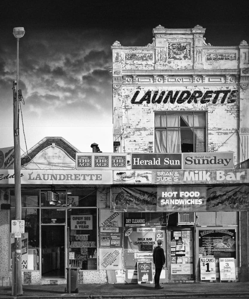 Old Laundrette Street Scene by Adrian Donoghue — canvas wall art