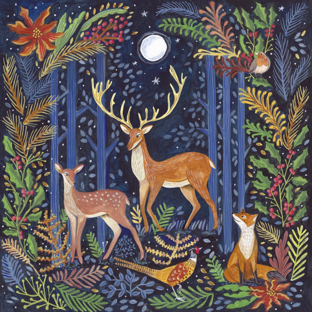 Woodland animals in dark forest by moonlight Christmas by Caroline Bonne Müller — canvas wall art