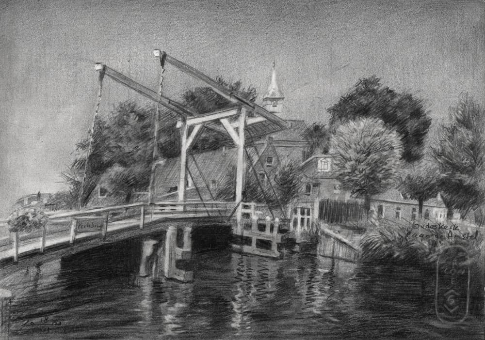 Dutch Canal Bridge Sketch by Corné Akkers — canvas wall art