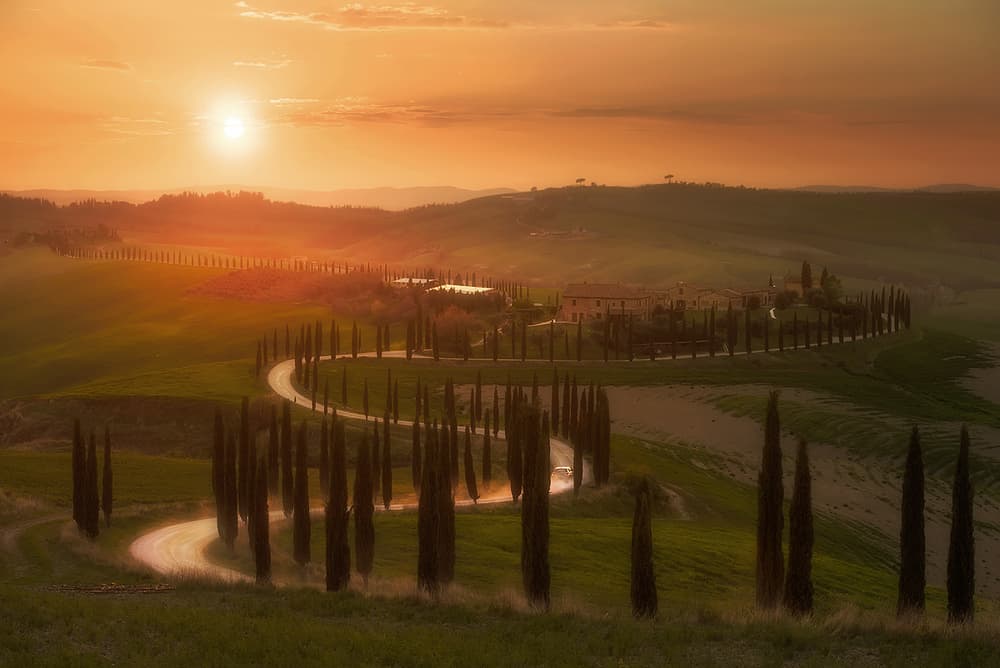 Tuscan Cypress Road Sunset by Rostovskiy Anton — canvas wall art