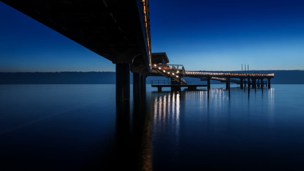 Twilight Pier Reflections by Jürgen Muß — canvas wall art