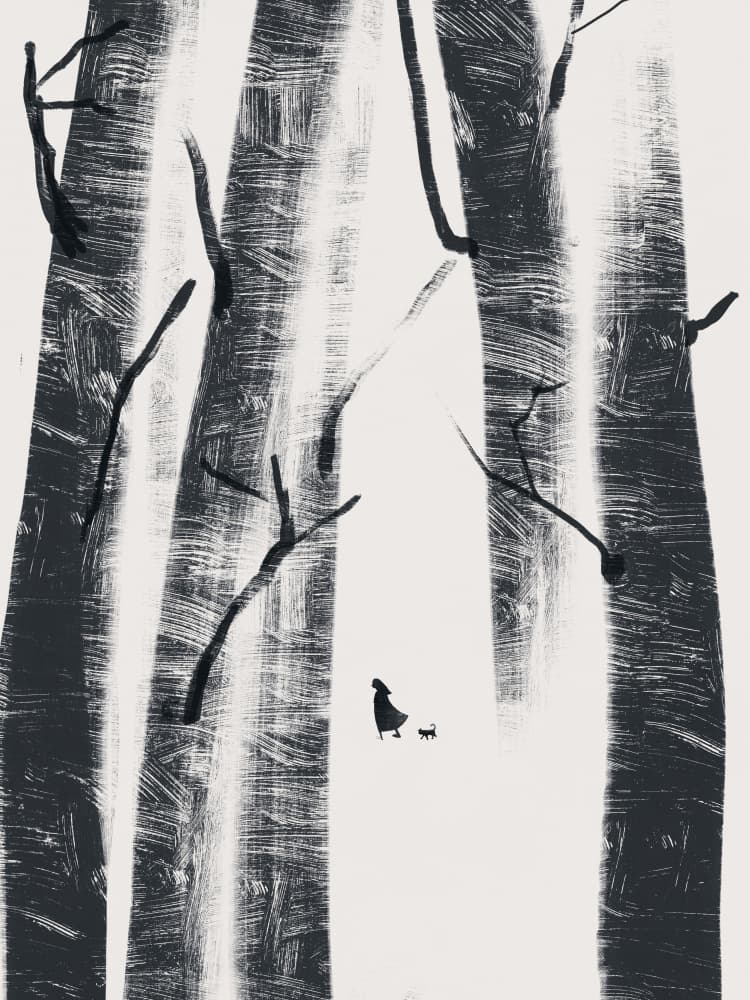 Girl and Cat Forest Walk by Little Dean — canvas wall art