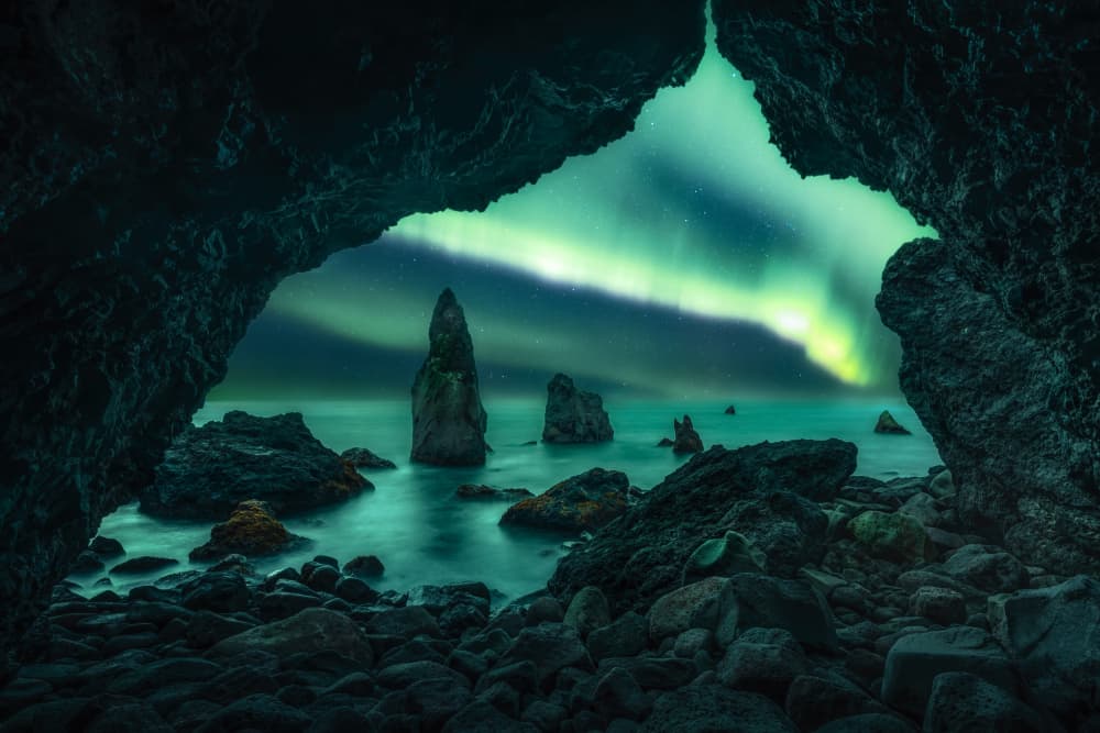 Northern Lights Sea Cave by Yuan Cui — canvas wall art