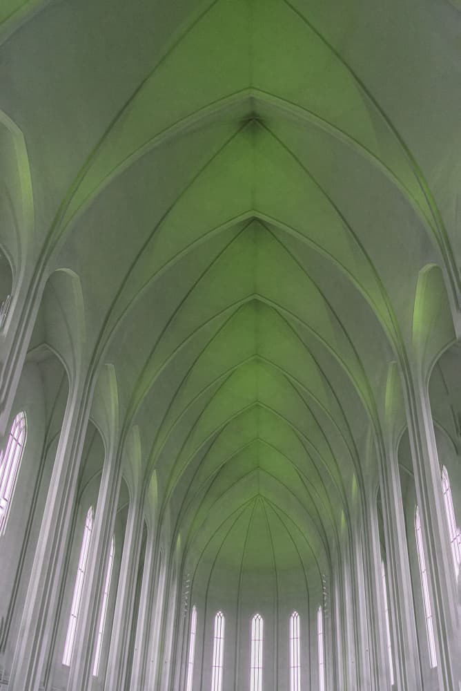 Green Lit Church Interior by Hal Li — canvas wall art
