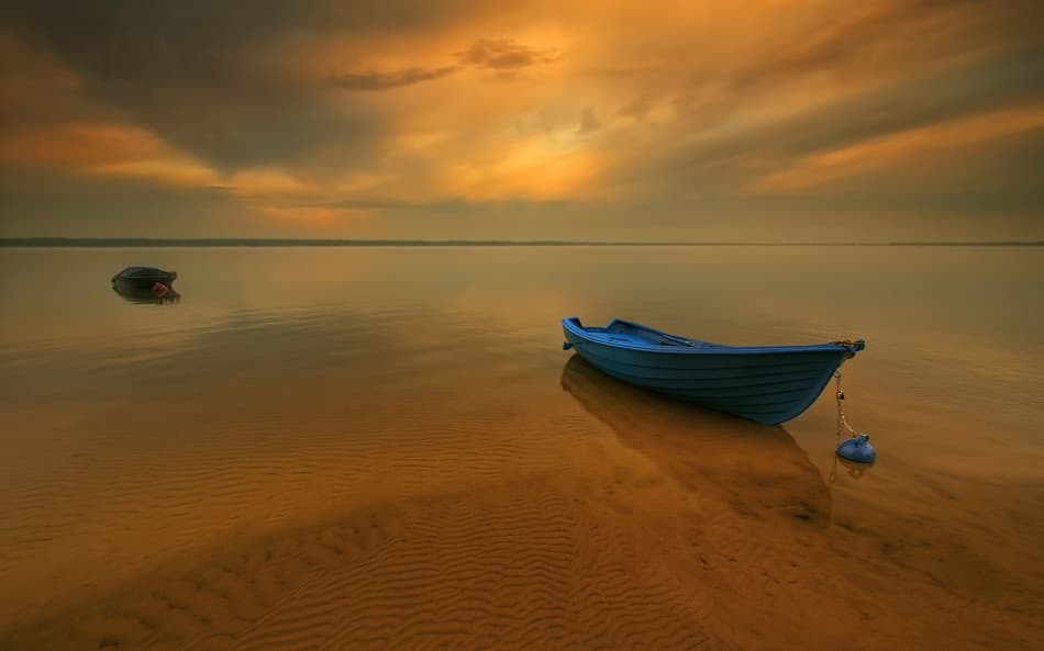Blue Boat Golden Sunset by Krzysztof Browko — canvas wall art