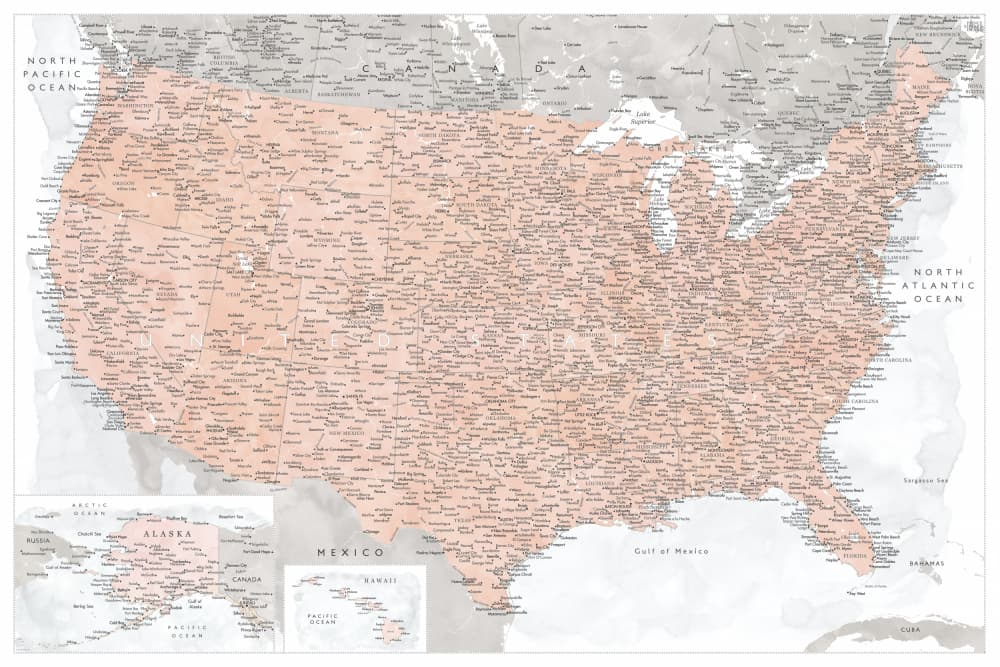 United States City Map by Rosana Laiz Blursbyai — canvas wall art
