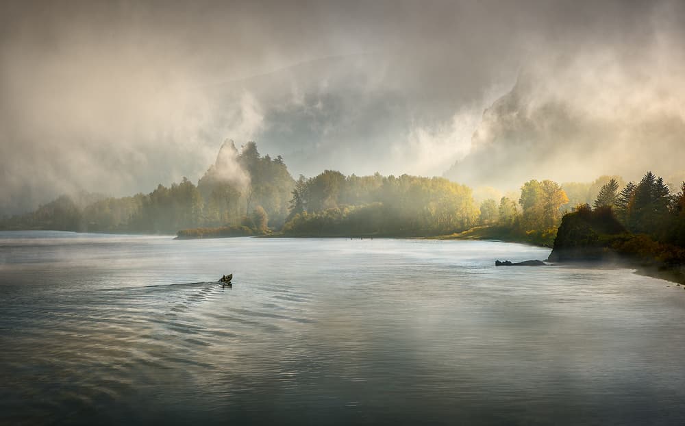 Misty Morning Canoe by Shenshen Dou — canvas wall art
