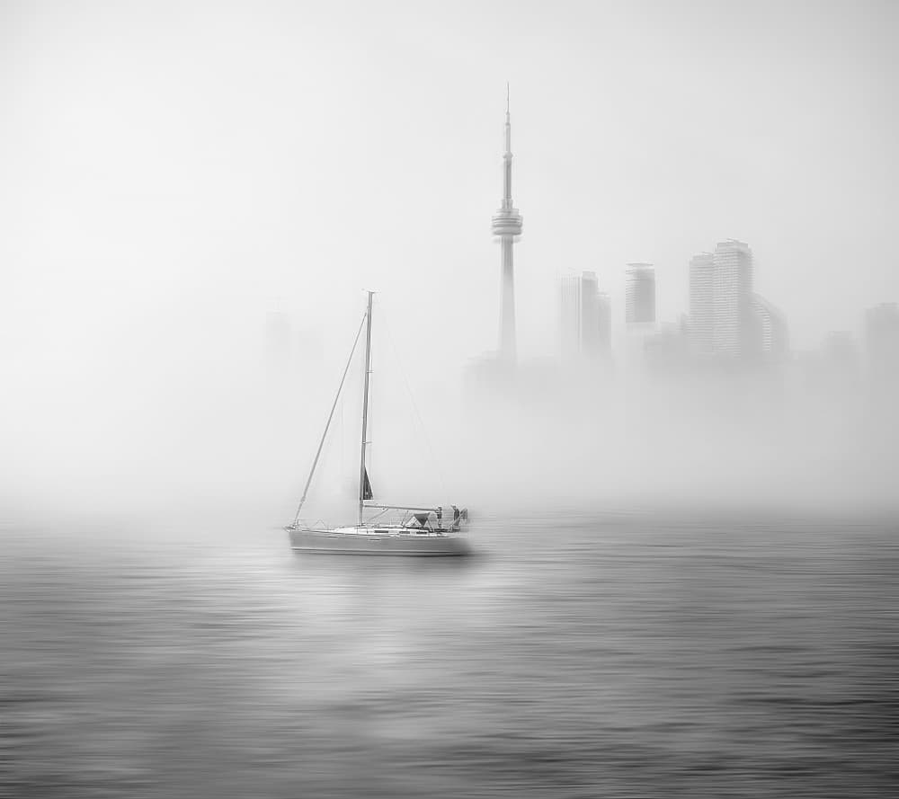Misty Toronto Sailboat by Hui — canvas wall art