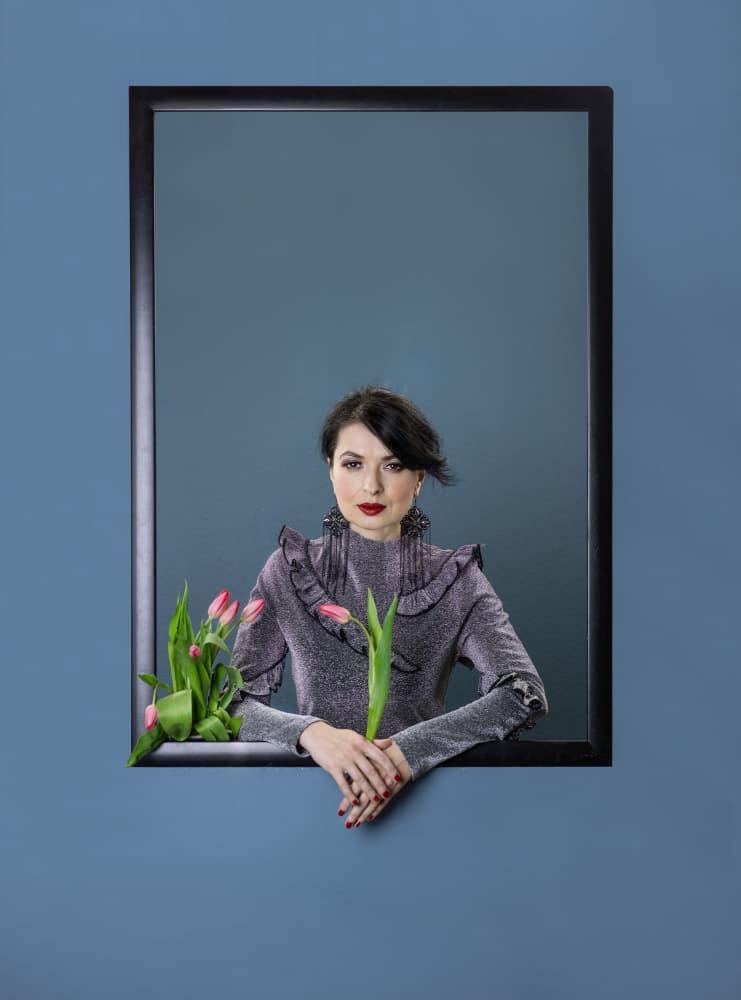 Elegant Woman with Tulips by Michael Allmaier — canvas wall art