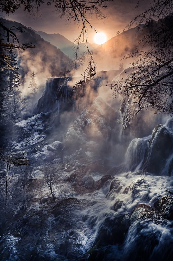 Sunlit Mountain Falls by qiye — canvas wall art