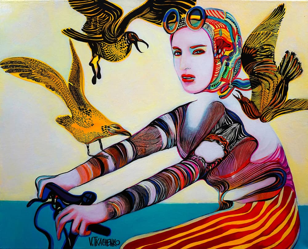 Vibrant Cyclist and Birds by Victor Tkachenko — canvas wall art