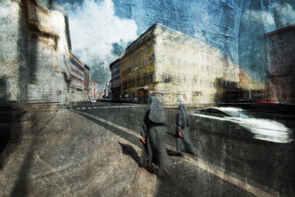 Nuns Walking City Street by Nicodemo Quaglia — canvas wall art