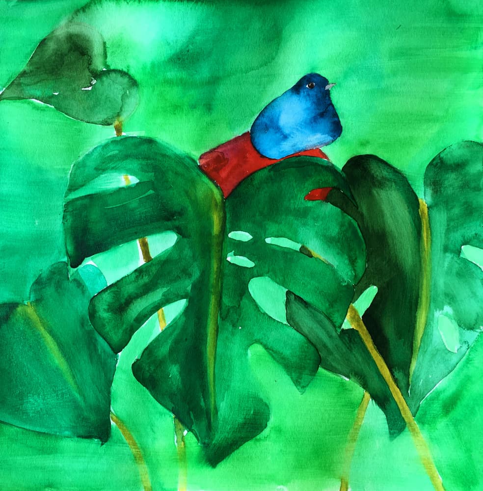 Blue Bird on Monstera by Christine Lindstrom — canvas wall art