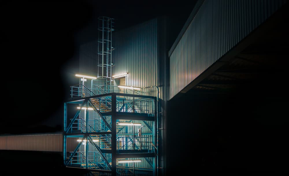 Blue Industrial Staircase by Jörg Vollrath — canvas wall art