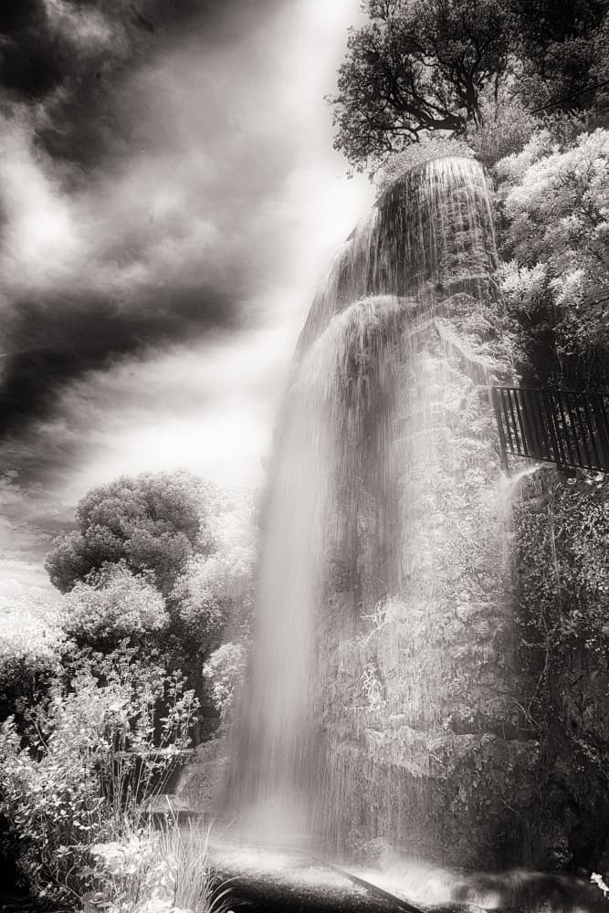 Misty Garden Waterfall by Jörg Zimmermann — canvas wall art