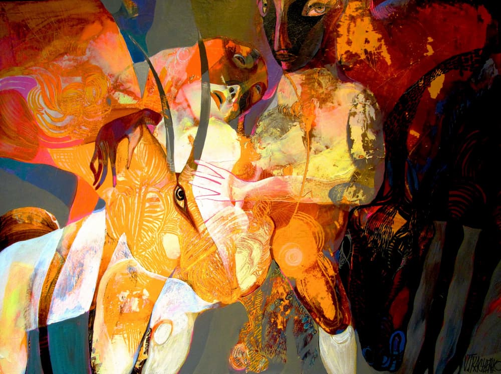 Vibrant Tribal Animal Encounter by Victor Tkachenko — canvas wall art