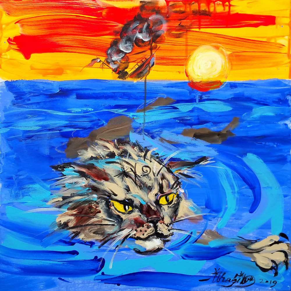 Fierce Cat Ocean Sunset by Kanat Ibragimov — canvas wall art
