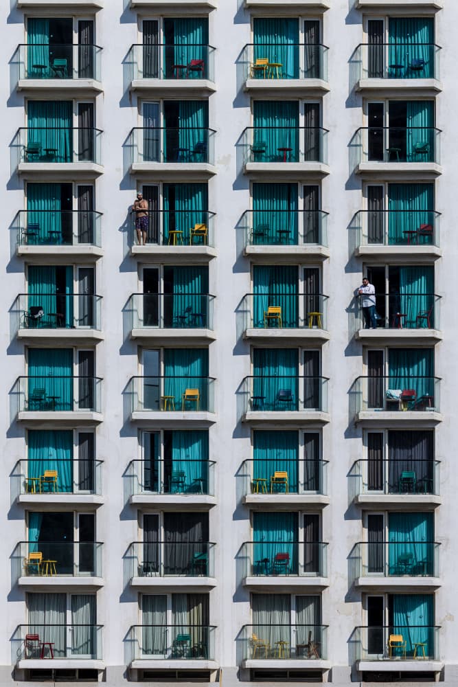 Teal Balconies Urban Grid by Marco Tagliarino — canvas wall art