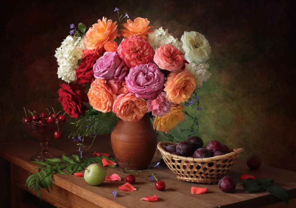 Vibrant Roses and Fresh Fruit by Tatyana Skorokhod — canvas wall art