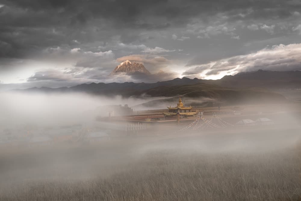Misty Tibetan Mountain Temple by Simoon — canvas wall art