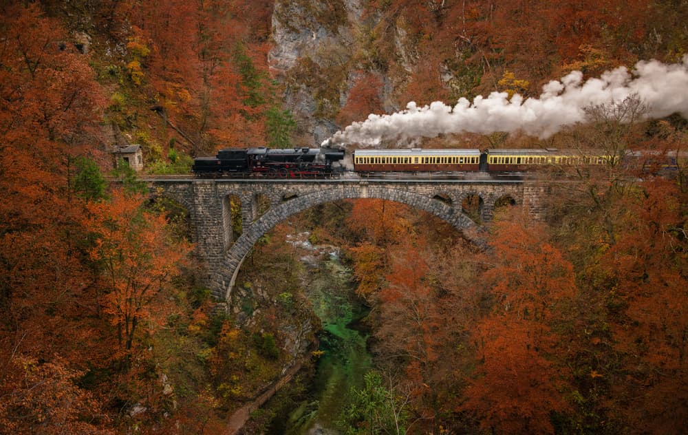 Autumn Steam Train Bridge by Ales Krivec — canvas wall art