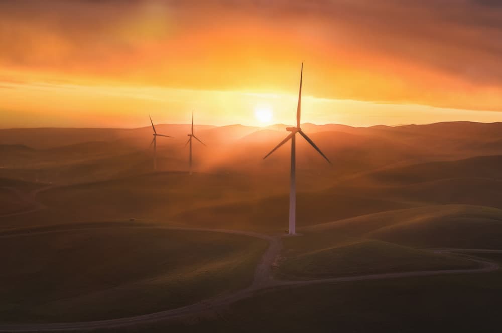 Misty Sunset Wind Farm by Jenny Qiu — canvas wall art