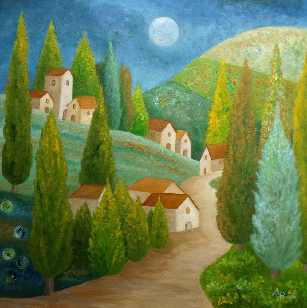Moonlit Tuscan Village by Angeles M. Pomata — canvas wall art