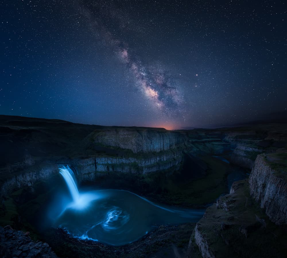 Glowing Waterfall Canyon Night by Johnny Chen — canvas wall art
