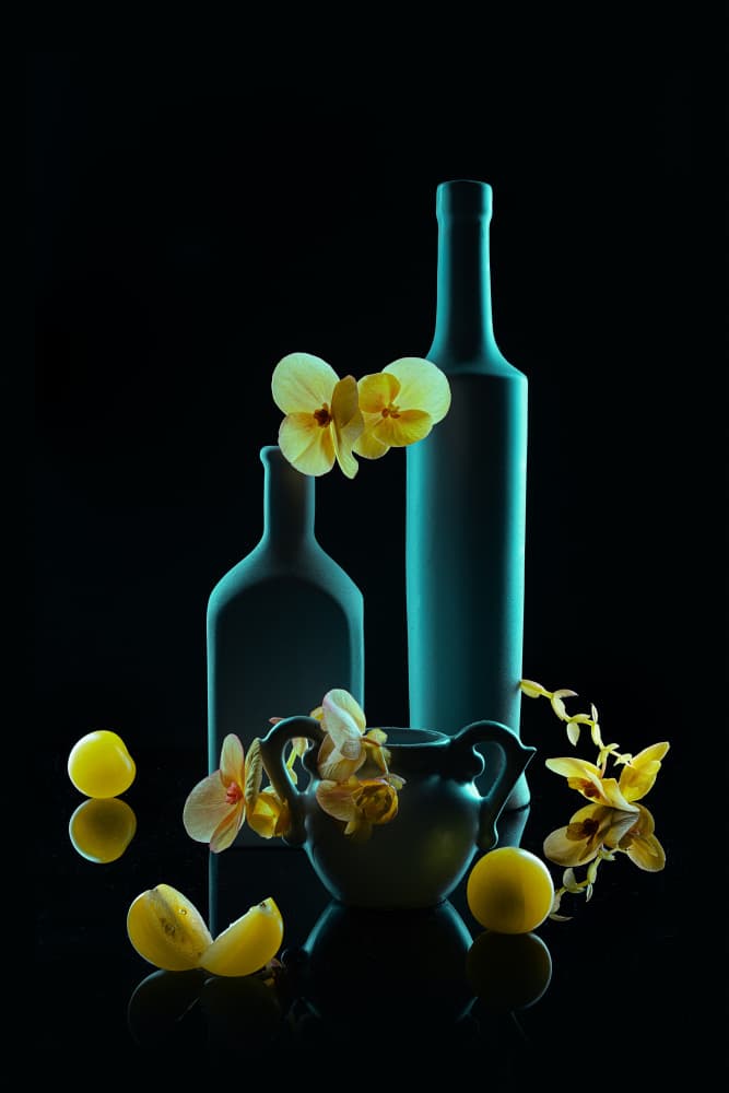 Golden Orchids Teal Bottles by Lydia Jacobs — canvas wall art